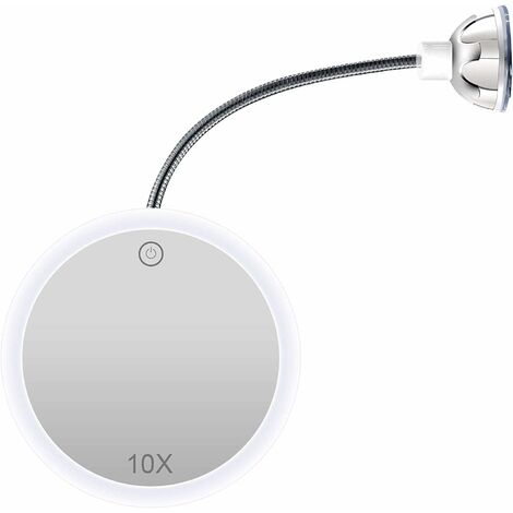 Miroir de maquillage avec lumière LED avec grossissement 10x, miroir de coiffeuse avec rotation à 360 degrés, miroir flexible col de cygne et ventouse avec blocage