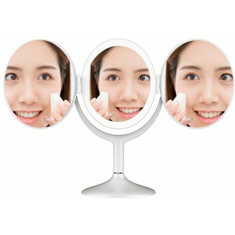 Miroir de maquillage avec lumière LED Miroir de bureau à trois volets Miroir cosmétique portable Miroir de courtoisie Contrôle tactile Gradation en continu avec grossissement 2,5X pour maquilleurs Fem