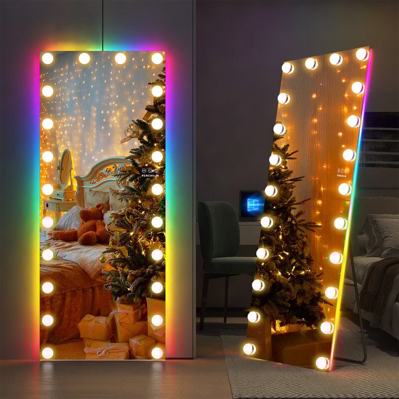 Fenchilin - Miroir de maquillage Hollywood avec éclairage rgb, miroir pleine longueur, 160 cm x 65 cmMiroir pleine longueur avec 22 ampoules led,