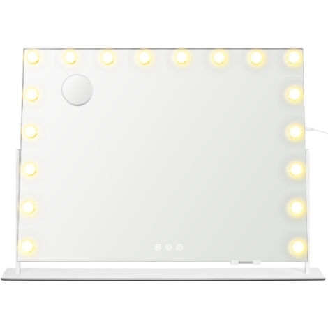 Miroir de Maquillage, avec Ports de Charge, 18 Ampoules, Miroir Grossissant, 80 x 60 cm, Blanc