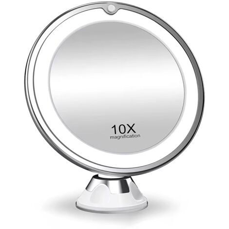 Miroir de maquillage avec ventouse, lumière LED et grossissement x10, blanc