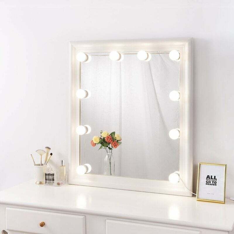 Miroir de maquillage avec lumière dimmable – 10 ampoules LED – Luminosité réglable 5 niveaux – Alimentation USB 5V 2A