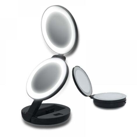 Miroir de maquillage de voyage avec lumières, miroir de courtoisie rechargeable compact 1X/5X, cinq niveaux de luminosité et de hauteur réglables, miroir pliable portable de 4,5 pouces