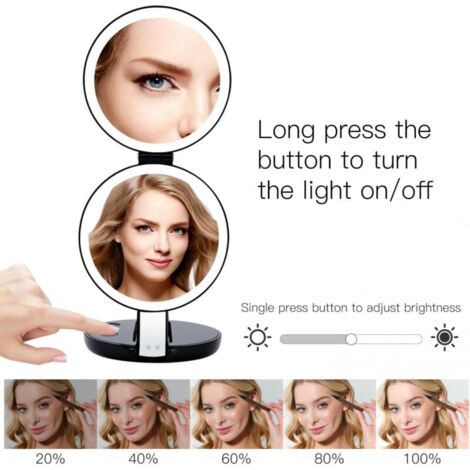Miroir de maquillage de voyage avec lumières, miroir de courtoisie rechargeable compact 1X/5X, cinq niveaux de luminosité et de hauteur réglables, miroir pliable portable de 4,5 pouces