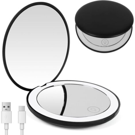 Miroir de Maquillage de Voyage éclairé par LED - Grossissant 1x / 10x,Double Face LED Miroir de Poche Lumineux, Compact et Portable pour Voyage, Petit Miroir Portable de Maquillage（Noir）