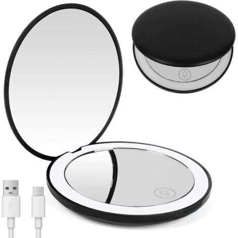 Miroir de Maquillage de Voyage éclairé par LED - Grossissant 1x / 10x,Double Face LED Miroir de Poche Lumineux, Compact et Portable pour Voyage, Petit Miroir Portable de Maquillage(Noir)