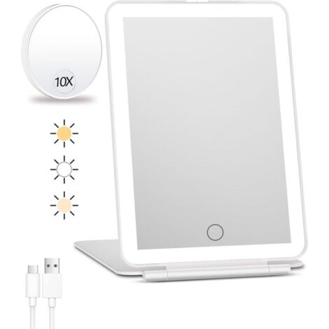 Miroir de Maquillage de Voyage Rechargeable Avec Lumières - Grossissant x10, Portable Avec 80 LED, Batterie 2000 mAh, Éclairage 3 Couleurs, Gradation
