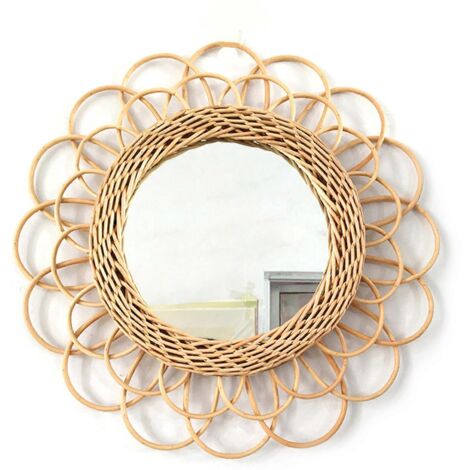 Miroir de maquillage décoratif innovant en rotin naturel, accessoire de photographie, idéal pour coiffeuse, salon ou salle de bain.