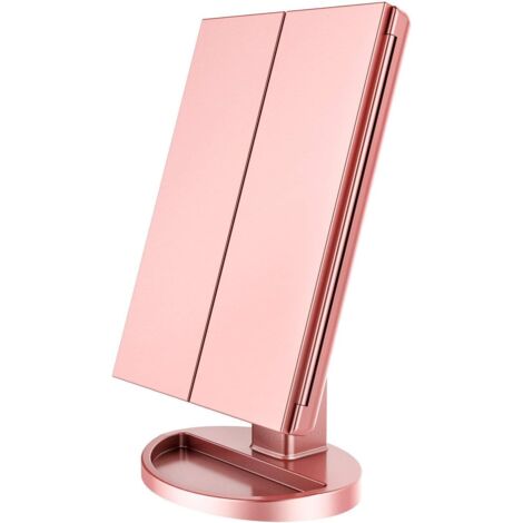 Miroir de Maquillage Éclairé, 1x/2x/3x à Grossissement avec Écran Tactile à 36 LED et Chargement USB, Support Réglable à 180 Degrés pour Miroir de Maquillage Cosmétique de Comptoir (Or Rose)-RAPANDA