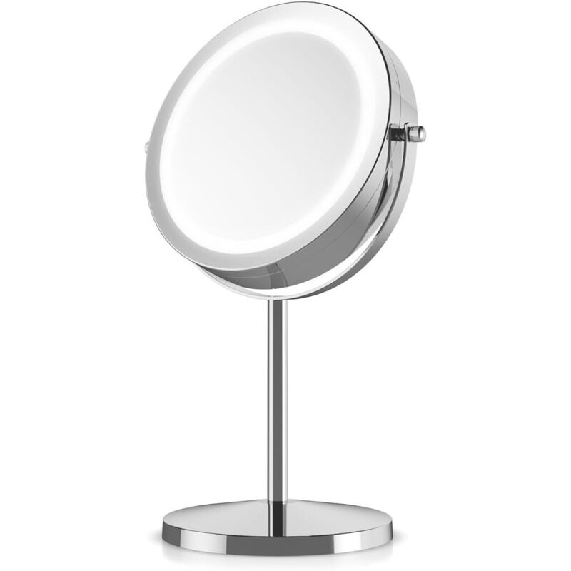 Miroir de maquillage éclairé à LED 8" - Miroir sur pied double face avec grossissement normal/5x - Miroir rond éclairé pour le maquillage et le