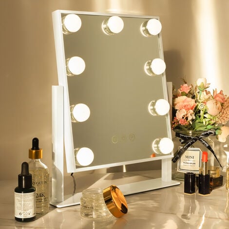 Miroir Fenchilin Miroir de Maquillage Bluetooth Hollywood AVEC LUMIÈRES 15  LED - DEBOUT 60CM BLANC