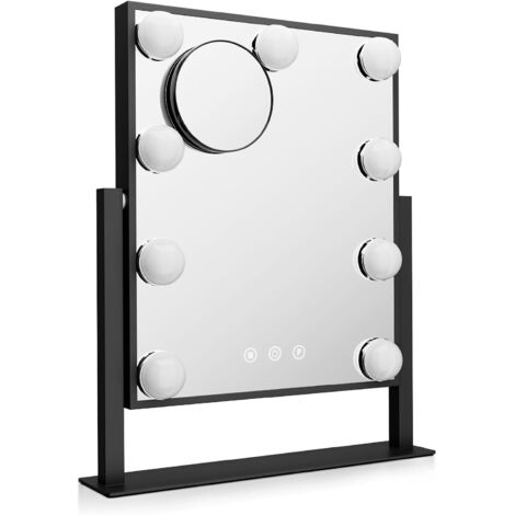 Miroir de maquillage éclairé, miroir de bureau, 3 couleurs réglables, avec miroir grossissant x10 amovible (noir)