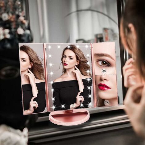 Miroir de maquillage éclairé, miroir de courtoisie à trois volets avec miroirs grossissants 1x/2x/3x, 21 nuits à LED naturelles et écran tactile