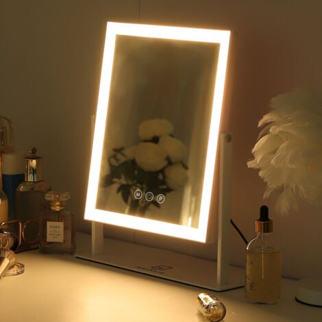 Miroir de maquillage éclairé par LED, miroir de courtoisie réglable en 3 couleurs, miroir à luminosité réglable, blanc 25 cm x 30 cm FENCHILIN