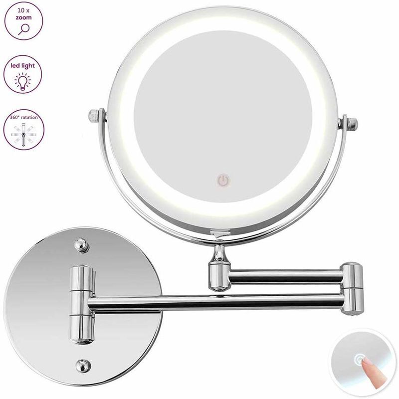 Largeight - Miroir de maquillage éclairé par led - Miroir de salle de bain mural lumineux grossissant 10X, col de cygne flexible à deux côtés,