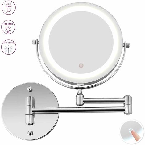 Miroir de maquillage éclairé par LED - Miroir de salle de bain mural lumineux grossissant 10X, col de cygne flexible à deux côtés, rotation à 360 ° avec câble USB