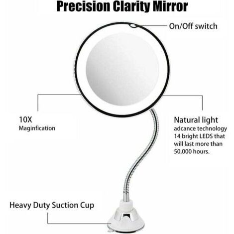 Miroir de maquillage flexible à col de cygne, grossissement x10, éclairage LED, ventouse puissante, miroir de rasage rond rotatif à 360 degrés, adapté aux voyages et à une utilisation à domicile (gran