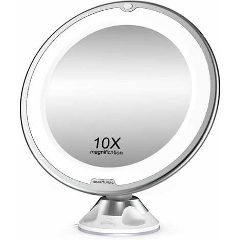 Miroir de maquillage, grossissant 10X avec LED blanche lumière du jour, miroir de salle de bain éclairé portable, rotation pivotante à 360 degrés et aspiration verrouillable