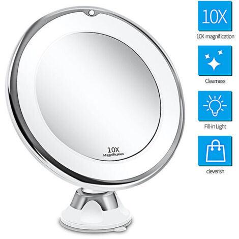 Miroir de maquillage grossissant 10X avec lumières, interrupteur intelligent, rotation à 360 degrés, ventouse puissante, portable, bon pour la table, la salle de bain, les voyages