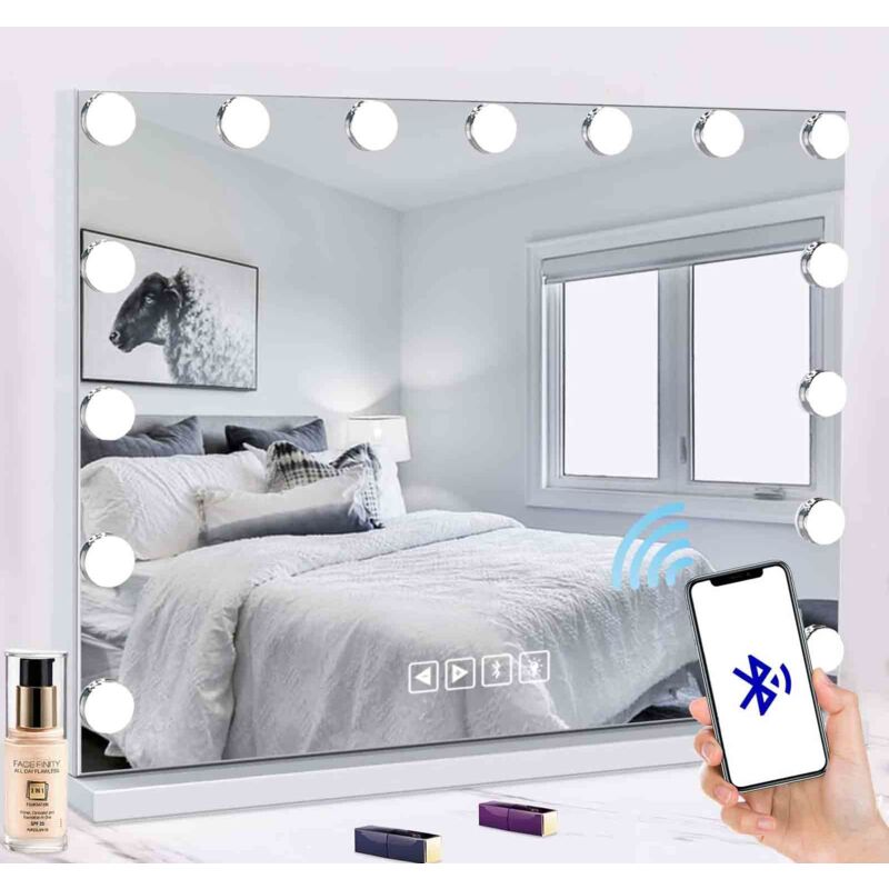 Miroir de maquillage Hollywood - 1 pièce - avec Bluetooth et éclairage 15 led