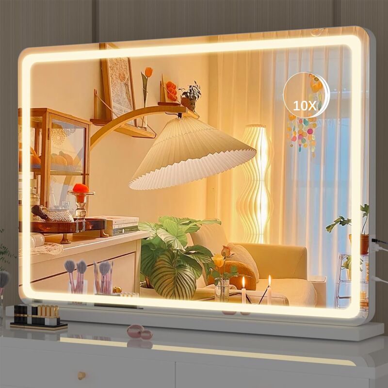 Miroir de Maquillage Hollywood avec Éclairage LED 80 x 60 cm, 3 Modes de Couleur, Grand Miroir Cosmétique Miroir de Table avec Contrôle Tactile et