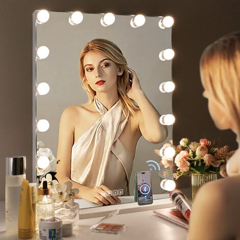 Miroir de maquillage Hollywood avec lampe Bluetooth mural 3 Modes d'Éclairage blanc 46cm x 58cm FENCHILIN