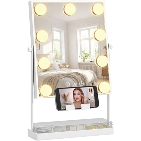Miroir de maquillage Hollywood avec lumière, 9 ampoules LED 3 couleurs, interrupteur tactile, porte-téléphone blanc
