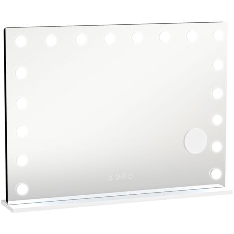 Miroir de maquillage hollywoodien avec 18 LED à intensité variable, 3 couleurs, éclairage RGB, haut-parleur Bluetooth, grossissement x10, blanc