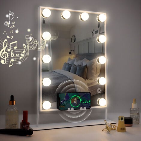 Miroir de maquillage intelligent Avec Bluetooth et miroir LED rechargeable sans fil 12 ampoules LED dimmables blanc 30cm x 41cm FENCHILIN