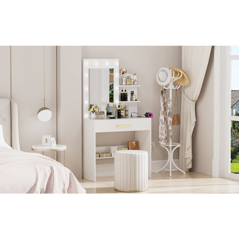 Sifree - Miroir de Maquillage led avec 12 Ampoules & Port usb - Coiffeuse Multifonction Plateau mdf Blanc 3 Couleurs Lumière, Tiroir Grand Format +