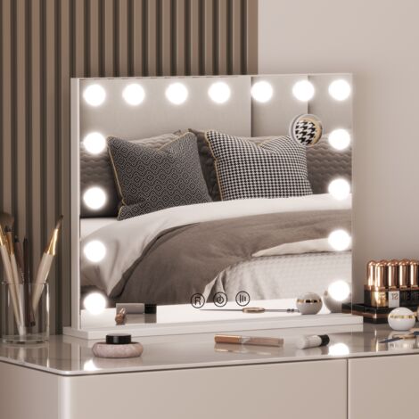 Miroir de maquillage LED avec lampe Hollywood miroir de maquillage intelligent Loupe 10x contrôle tactile 3 couleurs dimmable 15 ampoules blanc 58cm x 46cm-BIGZZIA