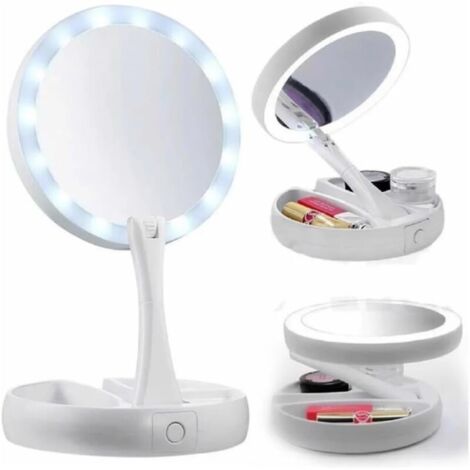 Miroir de Maquillage LED avec Rangement, Miroir Double Face avec Grossissement x10 pour Soin et Rasage