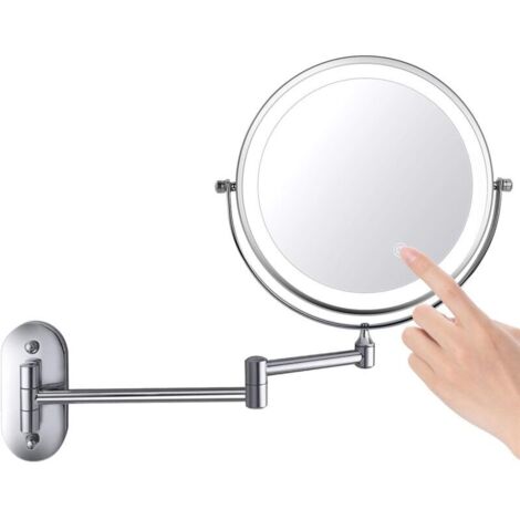 Miroir de maquillage LED double face de 8 pouces, miroir grossissant mural, rotatif à 360°, finition chromée, extensible, alimenté par 4 piles AAA (non incluses) (argent)
