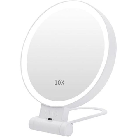 Miroir de maquillage LED grossissant x10 avec éclairage - Double face, pour coiffeuse, commande tactile, pour des soins de la peau précis (cadre blanc)