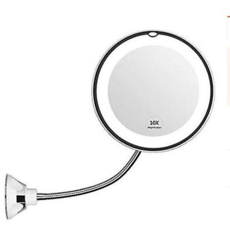 Miroir de maquillage LED grossissant x10, col de cygne flexible 360°, ventouse, sans fil piles, idéal maquillage voyage