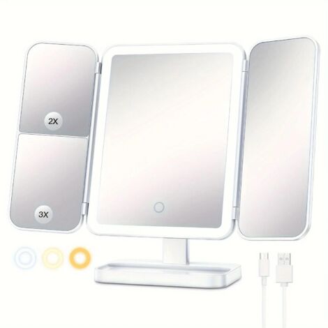 Miroir de maquillage LED, miroir grossissant rotatif, miroir pliable à trois faces, idéal pour le maquillage et les soins de la peau.