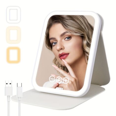 Miroir de maquillage LED, miroir pliable, éclairage d'appoint pour le visage, idéal pour les voyages, la salle de bain et le bureau, blanc.