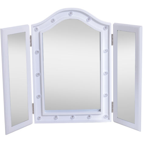 Miroir de maquillage LED pliable sur table, alimenté par batterie. Éclairage ajustable pour soins du visage, pratique et original en cadeau.