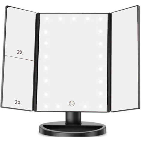 Miroir de Maquillage LED Triple Pliant USB Noir avec Câble - Petit Miroir pour Chambre et Quotidien