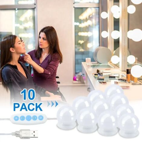 Miroir de maquillage lumineux à LED avec 10 ampoules à intensité variable 3 couleurs Câble USB stylisé Hollywood