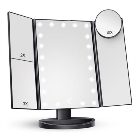 Miroir de maquillage lumineux avec 22 LED, double alimentation (grossissement x1/x2/x3/x10), grossissement réglable, angle ajustable à 180°, miroir cosmétique de voyage, noir