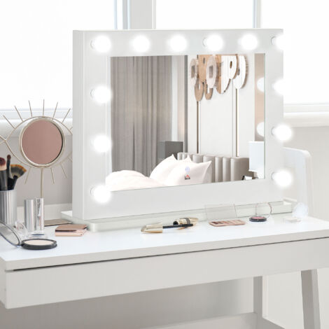Miroir de maquillage lumineux de style Hollywood avec 12 LED tactiles - luminosité réglable, fonction mémoire - MDF blanc, verre et métal