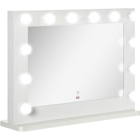 Miroir de maquillage lumineux de style hollywoodien avec interrupteur tactile et 12 lumières LED à intensité variable. Dimensions : 80 x 60 cm.