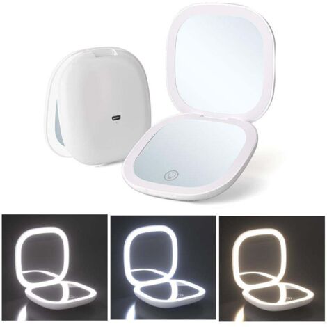 Miroir de maquillage lumineux grossissant x10, à intensité variable, double face, portable, blanc