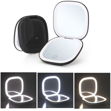 Miroir de maquillage lumineux grossissant x10, à intensité variable, double face, portable, noir