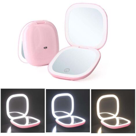 Miroir de maquillage lumineux grossissant x10, à intensité variable, double face, portable, rose