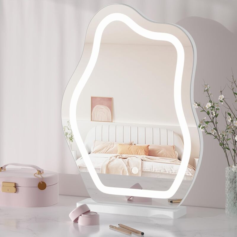 Woltu - Miroir de Maquillage Lumineux 3 Niveaux d'Éclairage + Luminosité Réglable, Miroir Coiffeuse led 43x56 cm, Miroir Irrégulier en Forme de