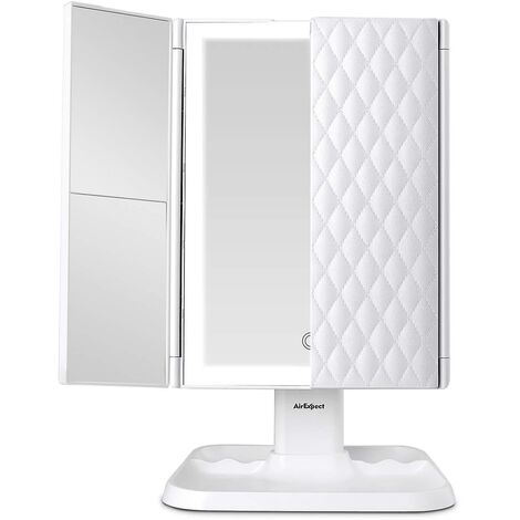 Miroir de maquillage miroir de courtoisie avec lumières - 3 modes d'éclairage couleur 72 LED miroir à trois volets, conception de contrôle tactile, grossissement 1x/2x/3x, portable haute résolution