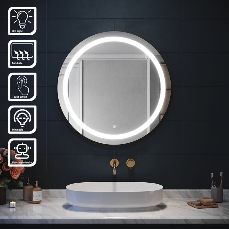 Miroir lumineux de salle de bain - Miroir led 80 x 80 cm avec Trois Températures de Lumière Réglables, Fonction Anti-Buée et Dimming Infini - Sirhona