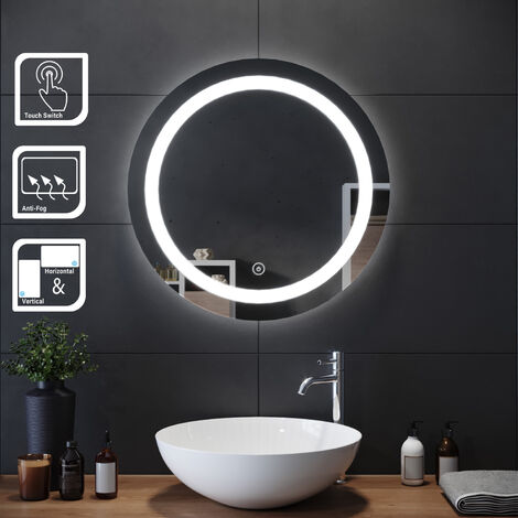 Miroir de maquillage monté sur mur avec miroir éclairé rond et rétro-éclairé par miroir de salle de bains avec contrôle par capteur